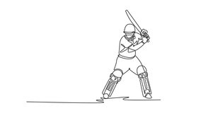 Animated self drawing of continuous line draw male cricket player wearing protective helmet in batting position on green field. Focused player playing fun game outdoor. Full length one line animation - Powered by Shutterstock - Get 15% off with code: PIKWIZARD15