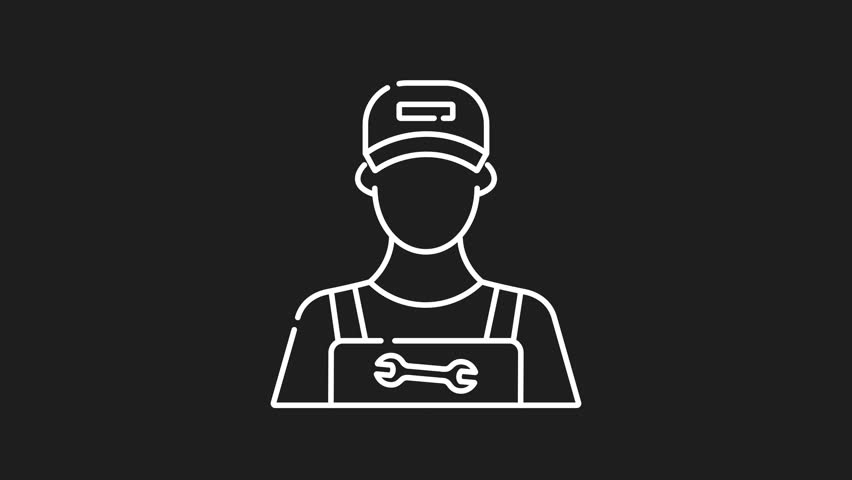 Mechanic white line animation. Line drawing of a mechanic in a cap, perfect for automotive business logos, mechanic service flyers, and workshop signage designs.