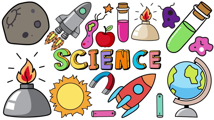 Hand-drawn science icons and text animate onto a white background, forming a vibrant collage with rockets, planets, lab equipment, and educational symbols