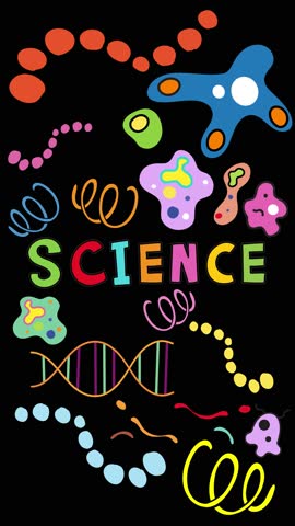 Animated sequence reveals the word 'SCIENCE' surrounded by vibrant DNA strands, microbes, and molecules on a black background, using playful, dynamic transitions