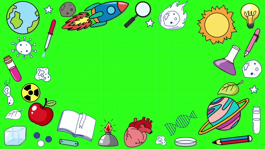 Hand-drawn science-themed icons animate in from off-screen, gradually forming a playful border around a vibrant green background. Smooth, sequential movement with bright, cartoon style - Powered by Shutterstock - Get 15% off with code: PIKWIZARD15