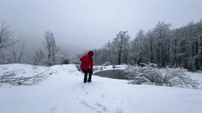 Woman with red jacket is sitting in a wonderful viewpoint in winter frozen lake mountain forest scenic landscape snowfall hiking adventure countryside nature Hyrcanian Iran adrenaline outdoor activity - Powered by Shutterstock - Get 15% off with code: PIKWIZARD15