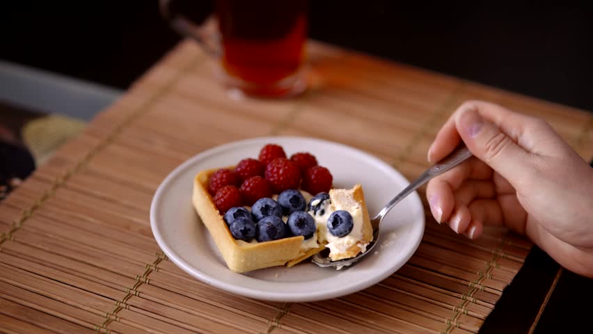 Eat Berry Tart. Delicious Pastry With Raspberries And Blueberries. Sweet Dessert Tart. Enjoying Sweet Treat. Delicious Bakery Product. Fine Dining Dessert. Sweet Tangy Flavor. Tart With Fresh Berries