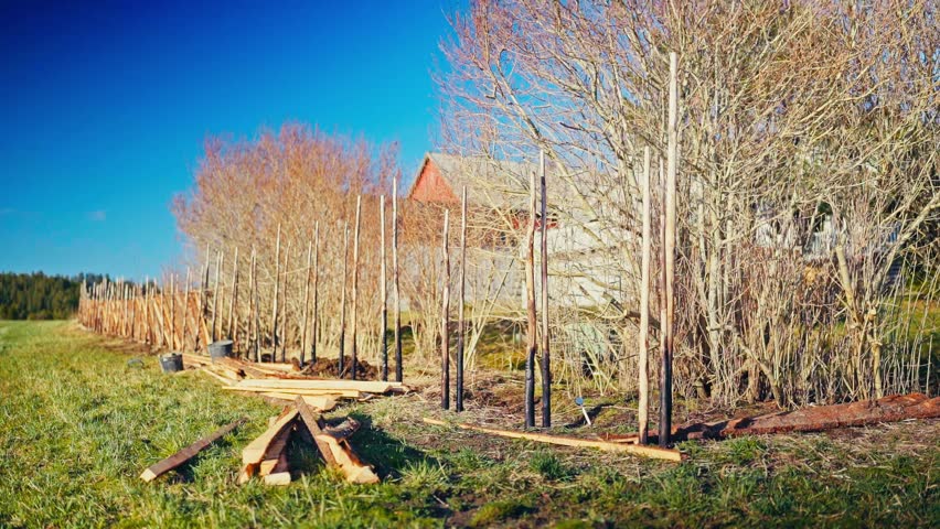 Man Is Constructing A Traditional Norwegian Fence During A Sunny Day. Timelapse