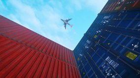 Airplane Flying Over Stacked Shipping Containers at Port - Powered by Shutterstock - Get 15% off with code: PIKWIZARD15