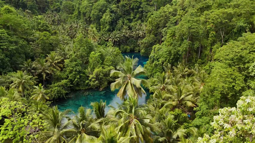 4k drone video panning around a small rowing boat floating in Paisupok Lake, one of the clearest lakes in the world, surrounded by jungle landscapes in the Banggai Islands, Sulawesi, Indonesia