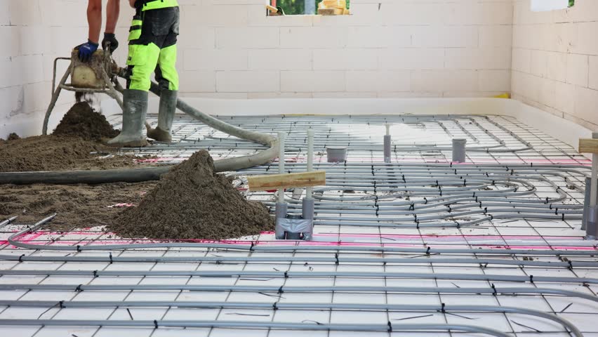 Worker Pouring Concrete Floor in New Building, Construction worker in safety gear pouring concrete over steel reinforcement mesh inside unfinished building, preparing for floor installation.