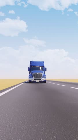 Front view of approaching cartoon freight semi-truck with blue truck cab and chrome trim driving on empty asphalt highway road among plain sand desert. Trucking industry concept vertical 3D animation.