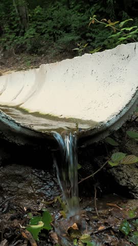 Forest drainage system. Water flowing through the channel. A tourist stepping over the forest and park drainage in the Alps. Drainage system for precipitation protection. Environmental conservation.
