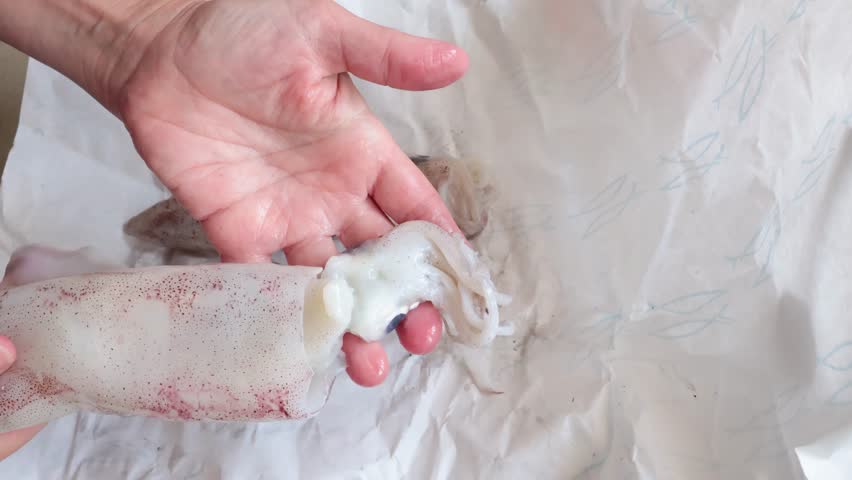 Woman in kitchen show fresh squid from market. Healthy food. Organic seafood. Eco-friendly paper packaging.
