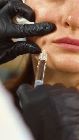 Adult woman receiving dermal filler injection in nasolabial fold for wrinkle correction, vertical orientation. Female client undergoing facial contouring procedure with hyaluronic acid. Beauty patient