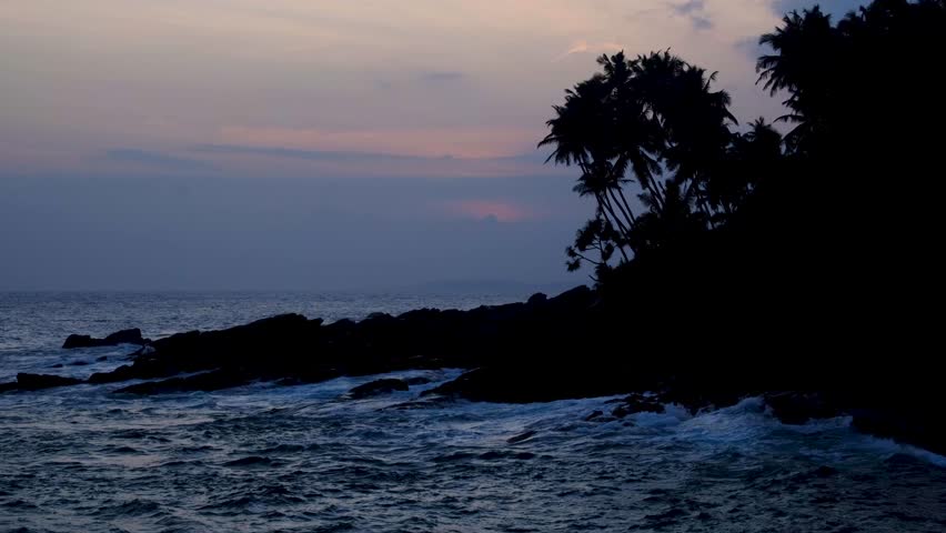Ocean view of silhouetted rocky coastline with coconut palm trees after sunset as darkness sets in on south coast of Sri Lanka
