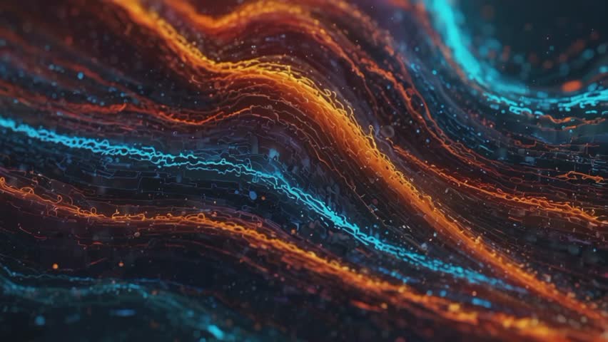 An abstract artwork featuring a luminous, wavy, winding pattern. Lines of yellowish orange and turquoise light flow diagonally across the dark background, creating a sense of dynamic movement.