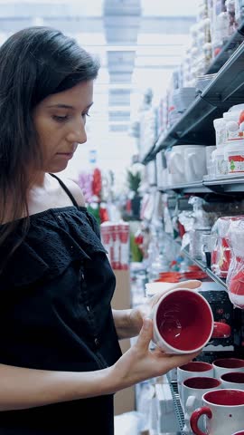In a supermarket or shopping mall, a young brunette woman looks at different goods for Christmas and New Year holidays. DIY crafts for Christmas. Christmas tree accessories.