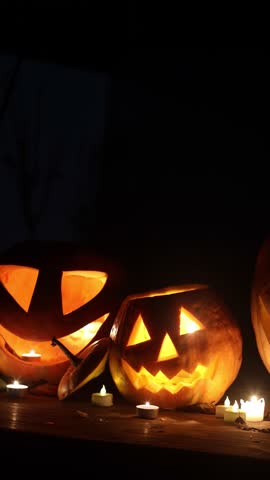 Spooky glowing Jack o lanterns with candle light on rustic table in dark autumn night. Happy Halloween! Scary atmospheric halloween carved pumpkins. Boo! Halloween footage. Trick or treat