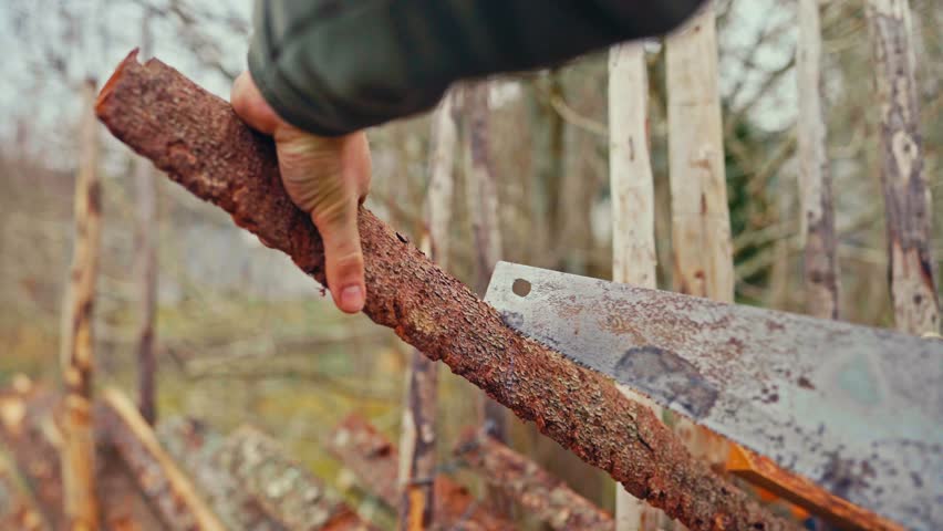 Man Cutting The Wood With A Handsaw For Skigard Wooden Fence. - closeup shot