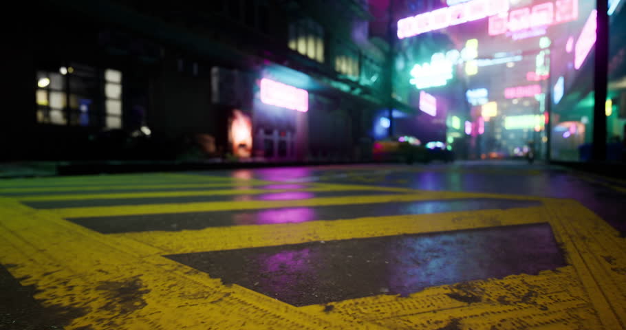 A vibrant urban street is bathed in neon lights reflecting off wet pavement at night. The atmosphere is lively with bright signs and city energy in the background.