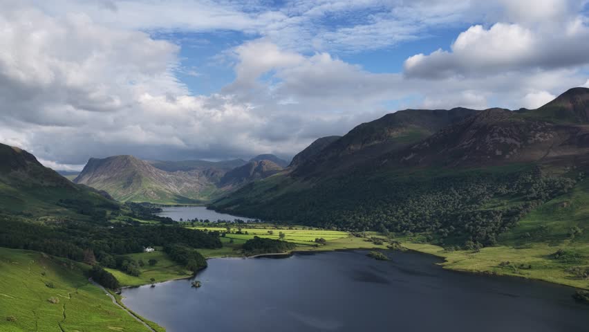 Beautiful aerial view of the Buttermere Valley and Buttermere Lake, The Lake District, Cumbria, England.