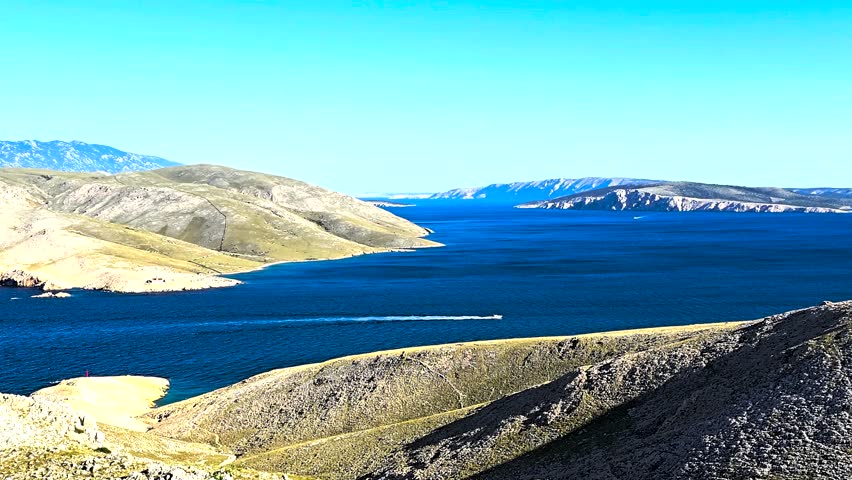 Stunning Summer Aerial View from Bag Mountain Peak in Baska, Krk Island, Croatia Scenic Panorama of Adriatic Sea, Coastal Islands, Clear Blue Sky and Mediterranean Landscape