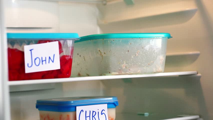 Dramatic and angry labels on meal prep containers in work fridge. Great for office themed social media content, viral workplace trends and humor.