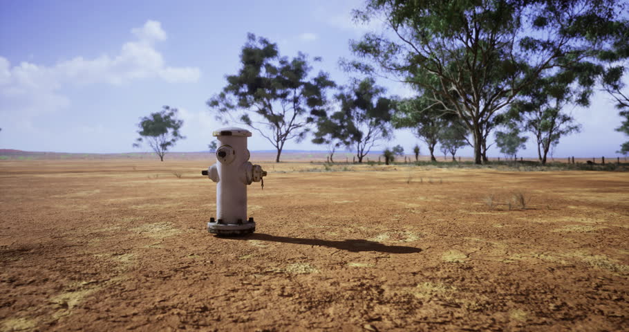 A fire hydrant stands alone in a vast dry landscape, surrounded by scattered trees and a sunlit open field. The scene captures the arid environment and the clear blue sky.