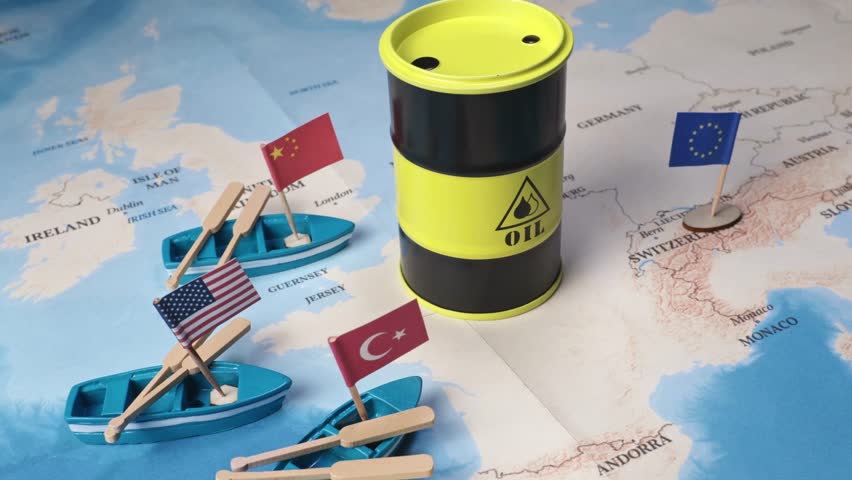 Central OIL barrel on a detailed world map and Miniature boats with USA, China, Turkey flags and EU flag, representing global energy supply challenges and complex international resource negotiations - Powered by Shutterstock - Get 15% off with code: PIKWIZARD15