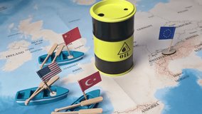 Central OIL barrel on a detailed world map and Miniature boats with USA, China, Turkey flags and EU flag, representing global energy supply challenges and complex international resource negotiations - Powered by Shutterstock - Get 15% off with code: PIKWIZARD15