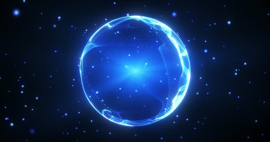 Abstract round sphere of shiny blue particles of magic glow on dark background, energy ball of bright dots, spherical ball movement. sci-fi background. Seamless looped video 4K.
