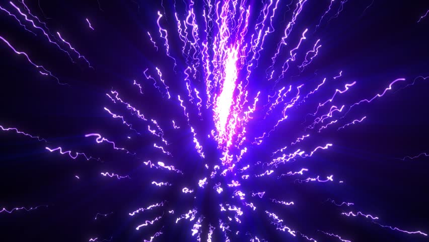 Dynamic explosion of electric purple and blue energy lines bursting outward in a dark space. Perfect for sci-fi, tech, or abstract motion backgrounds in digital projects.
