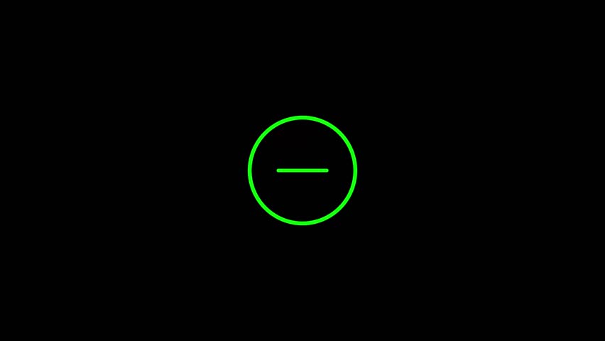 Neon green minus sign icon animation glowing on black background, minimal circle button symbolizing remove, subtract, collapse, negative action for user interface, math, technology or explainer videos