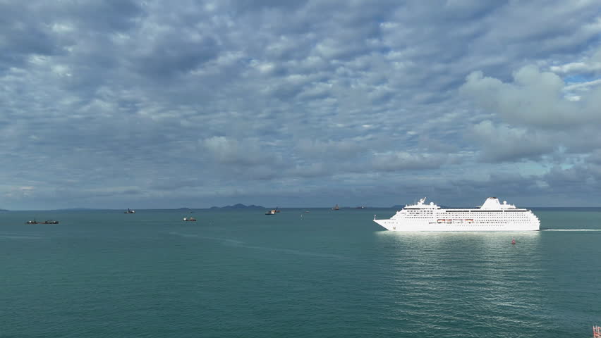 Aerial view of beautiful white cruise ship above luxury cruise in the ocean sea at early in the morning time concept smart tourism travel on holiday vacation time on summer