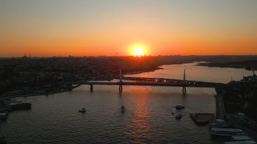 4K Cinematic Drone Footage at golden hour Haliç Altin Boynu bridge in Istanbul - Turkey_06
