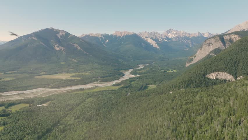 Panorama Of Dense Forest In The Mountain In Blaeberry River, Canadian Rockies, Golden, British Columbia, Canada. - aerial shot