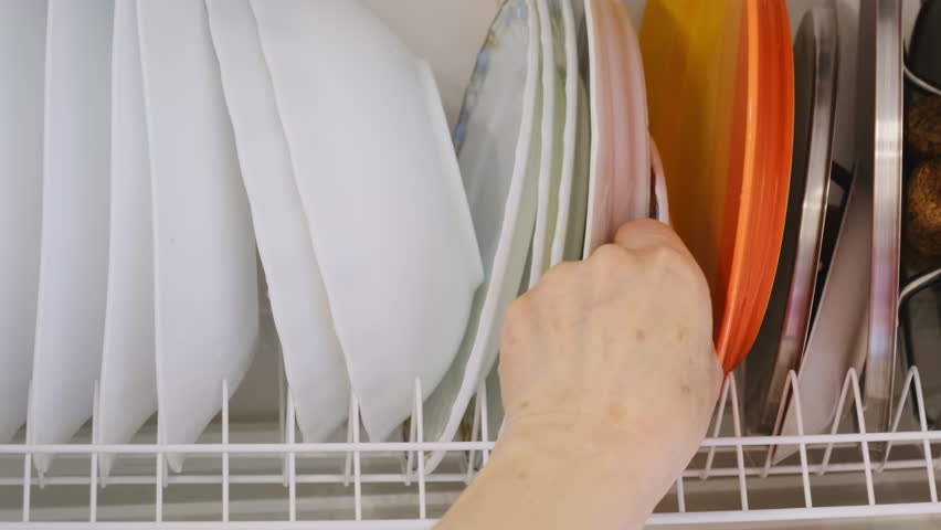 Woman hand takes out white plate from dish rack putting orange one in place. Housewife organises cupboard creating clean space in kitchen