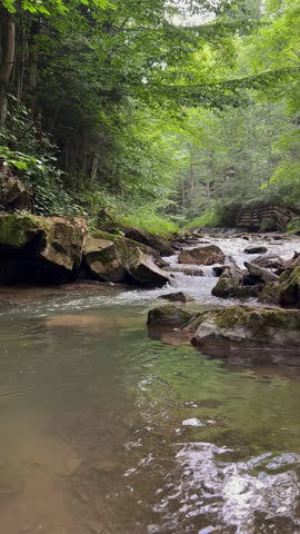 Beautiful mountain river water with stone rapids and splashes. Background of fresh water with fast rapids in wild river. Natural wonder, quiet place for green tourism concept