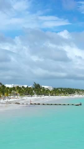 Juanillo beach with palm trees, white sand and turquoise caribbean sea. Cap Cana is a tourist area in Dominican Republic. Aerial view. Vertical footage
