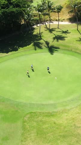 Golf club field with playing golfers. Aerial top view. Vertical footage