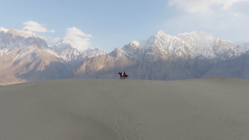Aerial View of Snow-Capped Mountains and Sand Dunes in Pakistan, Capturing the Majestic Beauty of the Landscape