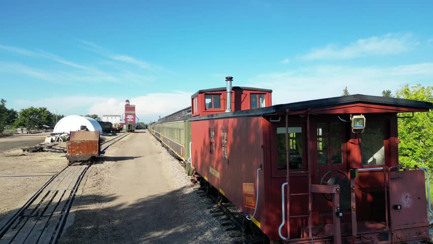 Alberta Prairie Railway steam engine in stettler alberta, railfan and drone aerial