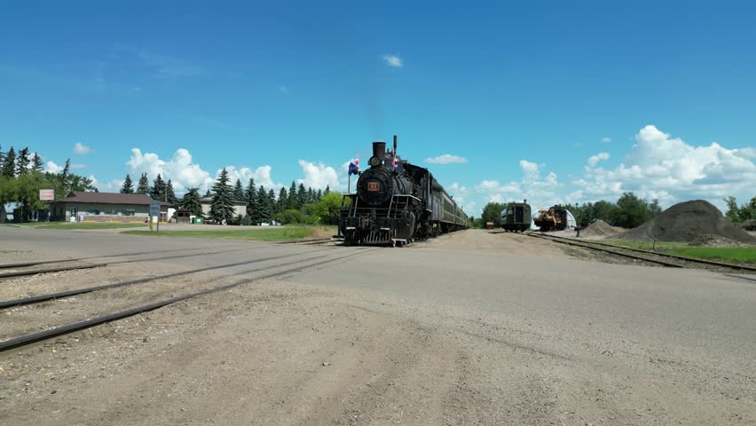 Alberta Prairie Railway steam engine in stettler alberta, railfan and drone aerial