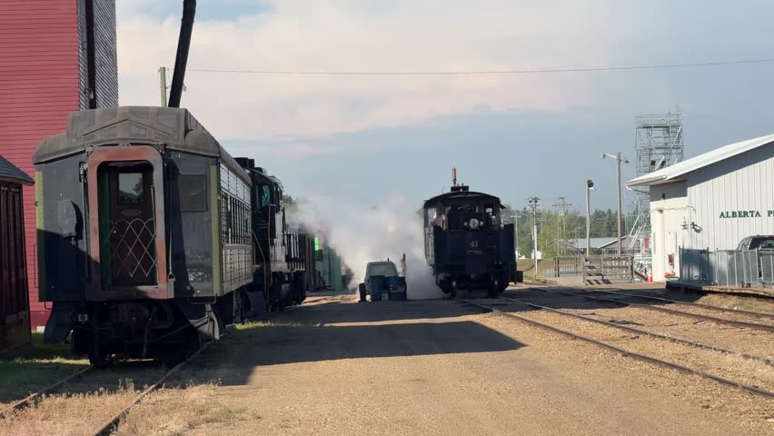Alberta Prairie Railway steam engine in stettler alberta, railfan and drone aerial