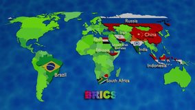 Global world map of ten BRICS countries appearing one by one with their national flags  - Powered by Shutterstock - Get 15% off with code: PIKWIZARD15
