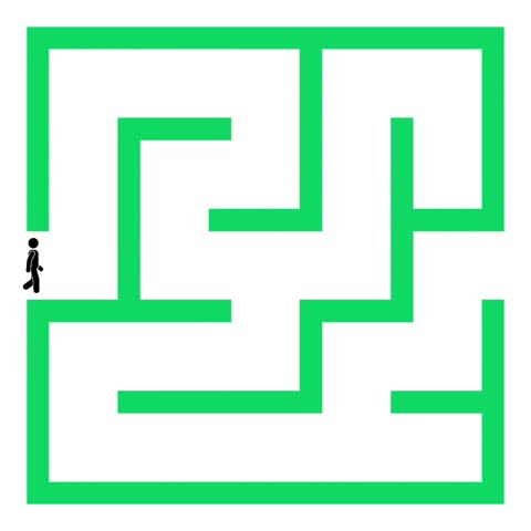 animated pictogram of a human walking through a winding maze of doors and finally reaching the exi