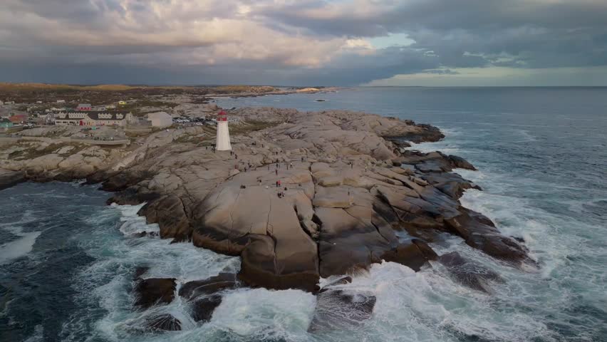 Cinematic Drone Shot on Peggy Cove Lighthouse Nova Scotia Iconic Peggy