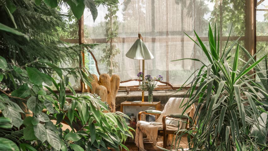 A tranquil sunroom filled with lush green plants and abundant natural light offers a cozy botanical oasis for relaxation.