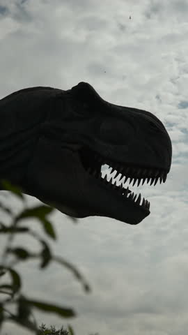 Dark silhouette of huge dinosaur muzzle against sky, vertical video. Prehistoric monster of Jurassic period moves with huge toothy predatory mouth. Dinosaur head is hidden behind branches of plant.