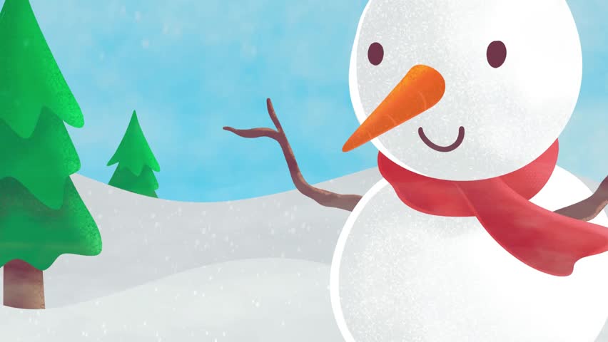 "Loopable animated video background featuring a cheerful snowman standing on a snow-covered hill with gentle snowfall. The snowman wears a classic black top hat and red scarf, with a smiling face made
