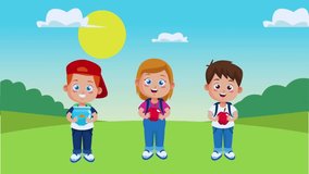 Cute animated little students (boys and girls) walking, running, or playing in a colorful outdoor landscape scene. The background features a sunny blue sky, green grassy hills, trees, flowers, school  - Powered by Shutterstock - Get 15% off with code: PIKWIZARD15