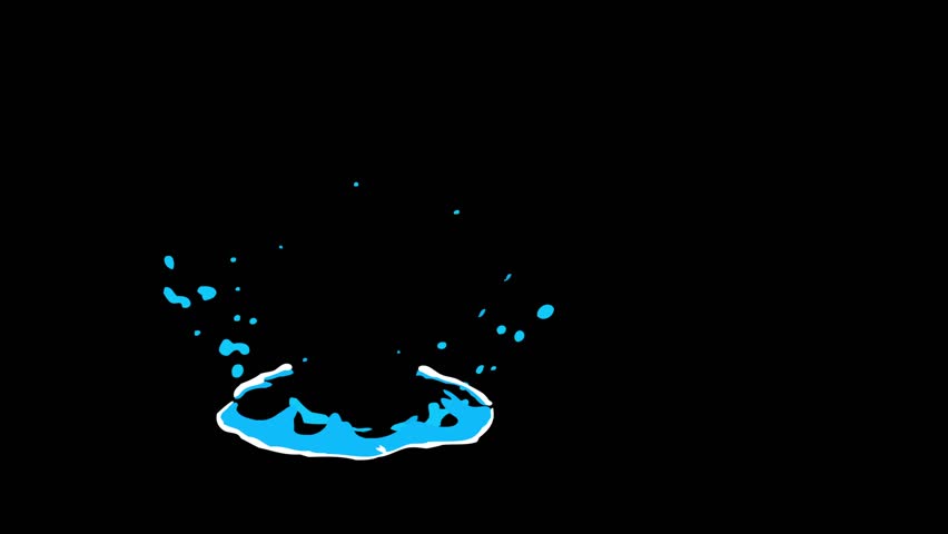 Water splash spark FX, 2D liquid energy shine burst, flash smoke element, fluid cartoon hand drawn explosion, comic shape animation on black screen background.