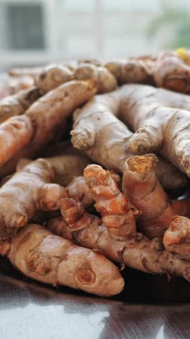 Roots of ginger, alternative medicine concept. Rotating. Vertical footage